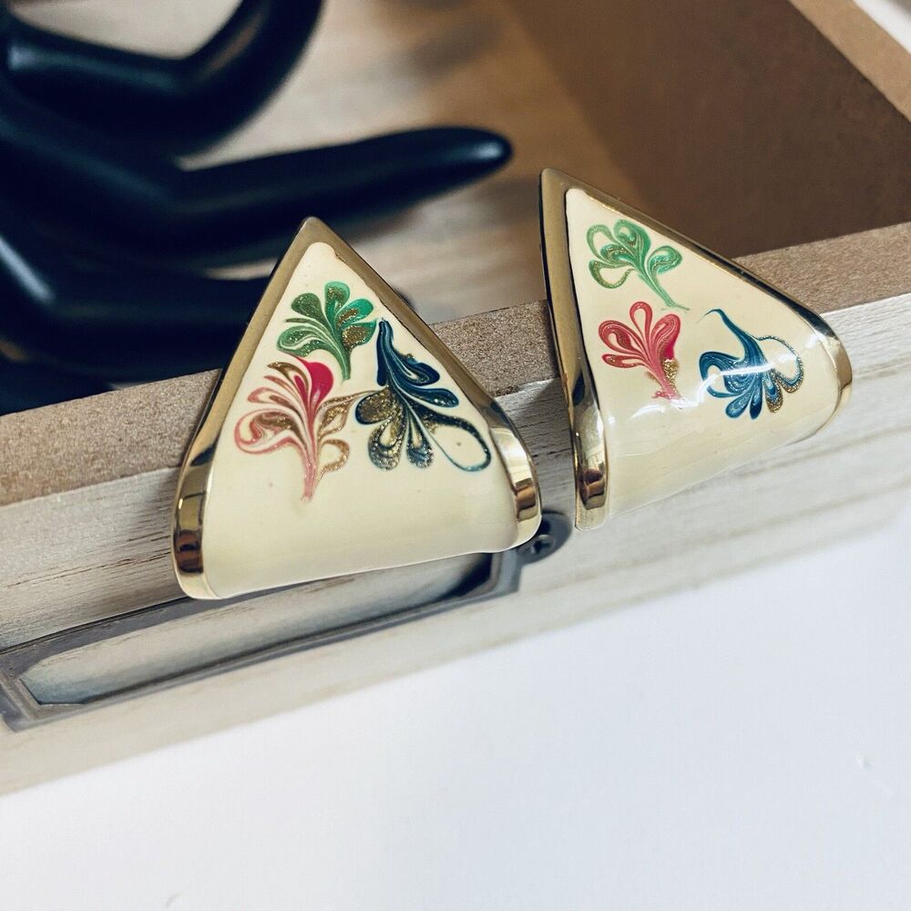 Vintage Enamel Statement Earrings, Geometric Shape, Drop, Abstract, Swirl,